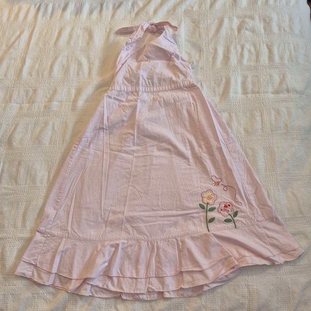 Laura Ashley girls size 6X pink halter dress with flower & bee embroidery VGUC